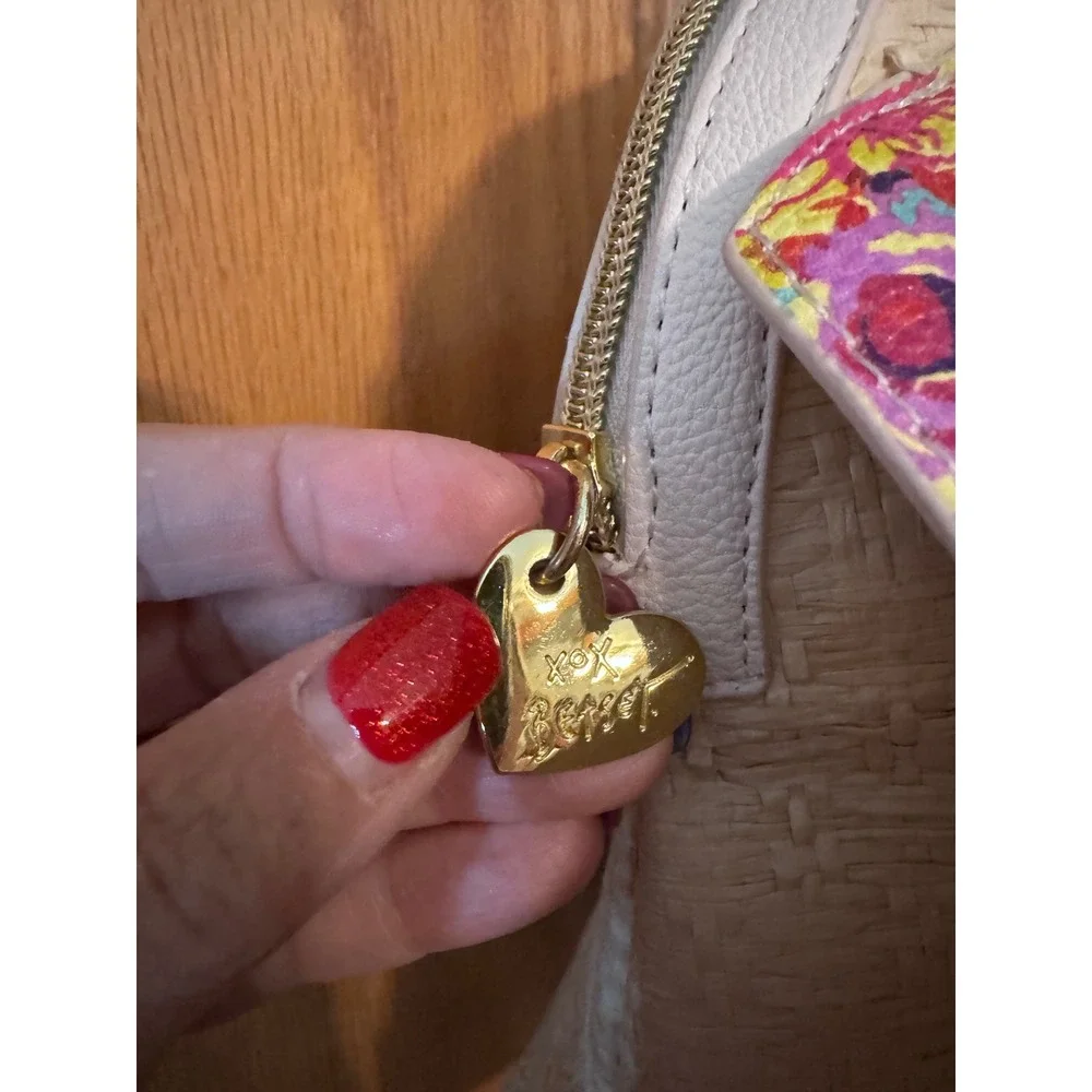 Betsey Johnson XOX Betsey Straw Satchel Floral Bow Handbag Gold Chain Handles